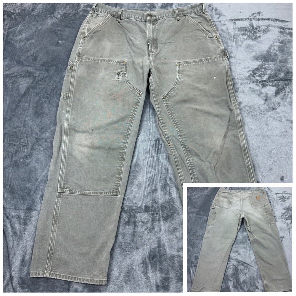 VTG Carhartt Fade Distressed Double Knee Work Pants‎ Moss Green Canvas 38x30
